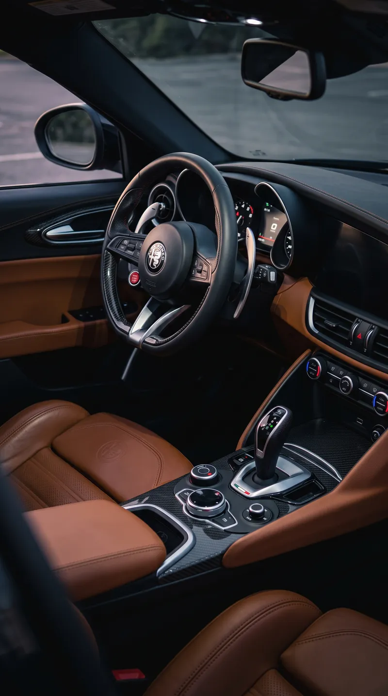 Cabin of a performance car with tan leather and a carbon-trimmed dash